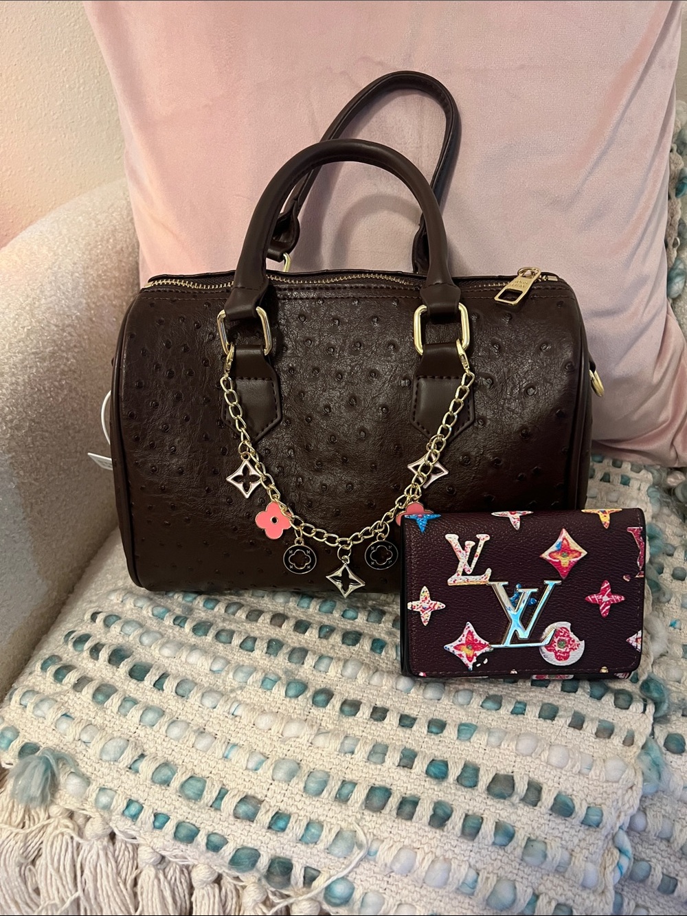 INSPIRED Brown 25 cm Speedy style Handbag w/ Gold Charm Chain w/inspired Wallet!